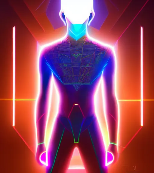 Image similar to symmetry!! egyptian prince of technology, solid cube of light, hard edges, product render retro - futuristic poster scifi, lasers and neon circuits, brown skin man egyptian prince, intricate, elegant, highly detailed, digital painting, artstation, concept art, smooth, sharp focus, illustration, dreamlike, art by artgerm