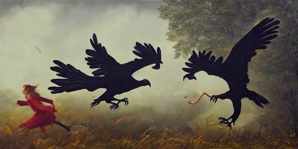 Image similar to giant crow painting chasing a girl in a magical landscape