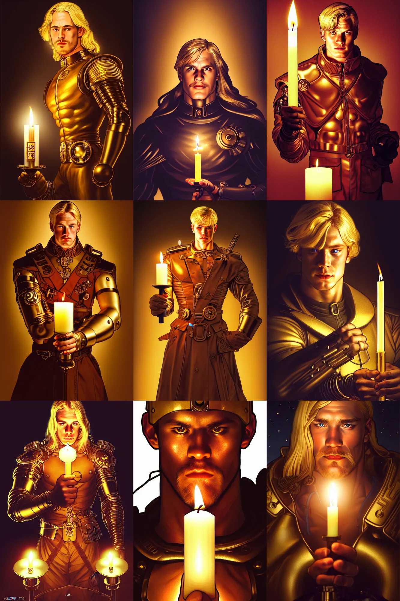 Prompt: a stunning ultrarealistic illustration of a cyborg viking holding up a candle lantern in the dark, night time, serious focussed look, very detailed, sharp focus, intricate, headshot, portrait, 3 5 mm lens, golden ratio composition, artstation, 8 k, highly coherent, by artgerm and alphonse mucha and greg rutkowski