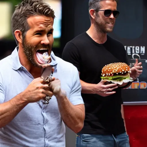 Prompt: ryan reynolds unhinging his jaw to eat a massive sloppy burger