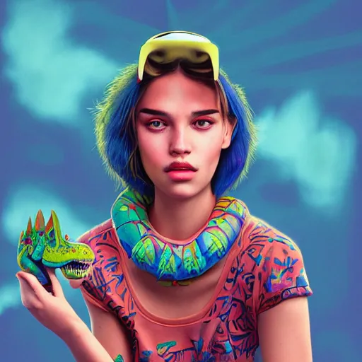 Image similar to Lofi vaporwave portrait dinosaur, Pixar style, Tristan Eaton, Stanley Artgerm, Tom Bagshaw