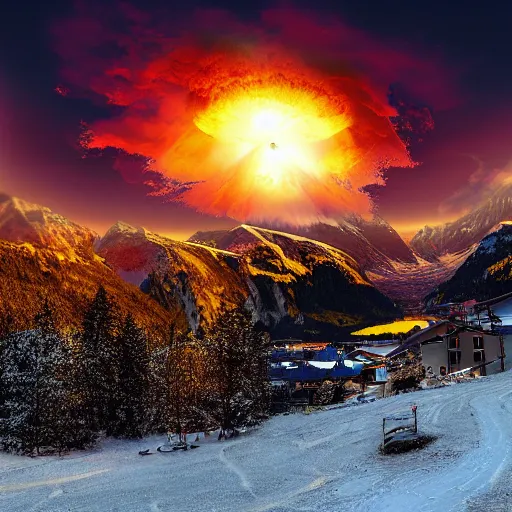 Image similar to digital artwork of nuclear explosion over a small quaint town in the swedish alps