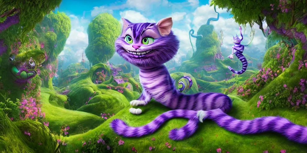 Image similar to The Cheshire Cat, Alice in wonderland, colorful, wide angle, super highly detailed, professional digital painting, artstation, concept art, smooth, sharp focus, no blur, no dof, extreme illustration, Unreal Engine 5, Photorealism, HD quality, 8k resolution, cinema 4d, 3D, beautiful, cinematic, art by artgerm and greg rutkowski and alphonse mucha and loish and WLOP