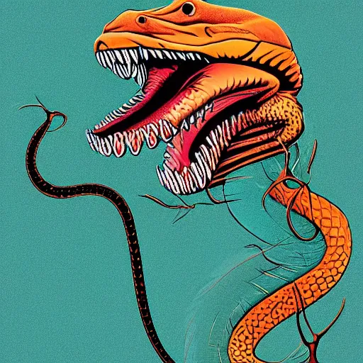 Image similar to a close up illustration of an aggressive copperhead snake with its fangs and tongue showing. illustrated in the style of hardy boys book covers by illustrator gino d ’ achille