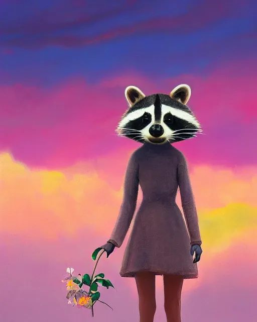 Prompt: closeup portrait beautiful female anthropomorphic raccoon wearing a dress on salt flats holding a flower, surreal photography, sunrise, dramatic light, impressionist painting, colorful clouds, digital painting, artstation, simon stalenhag