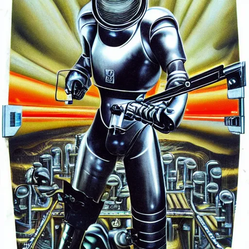 Image similar to 1 9 8 0's heavy metal album art, a shiny reflective detailed chrome android firing a giant rifle - style blaster rifle designed by ridley scott inside an alien spaceship