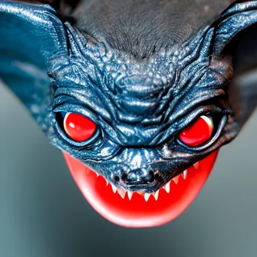 Prompt: close up of detailed face of scary giant mutant dark blue pygmy-bat, glowing red eyes, sharp teeth, acid leaking from mouth, realistic, giant, 85mm f/1.4