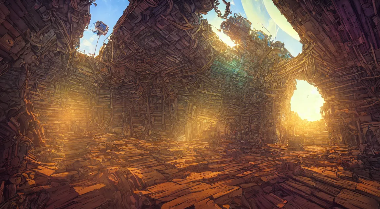 Image similar to open door wood wall fortress airship greeble block amazon jungle on portal unknow world ambiant fornite colorful radiating a glowing aura global illumination ray tracing hdr that looks like it is from borderlands and by feng zhu and loish and laurie greasley, victo ngai, andreas rocha, john harris