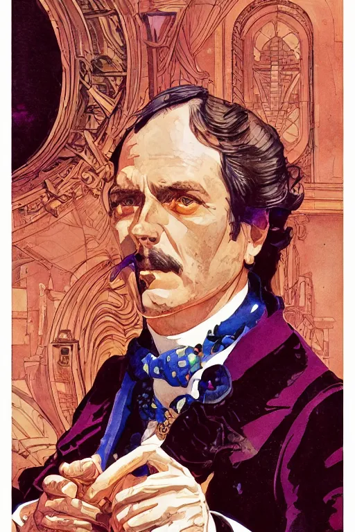 Image similar to zoomed out portrait of a duke, victorian era, art deco style, stylized illustration by moebius and juan gimenez, watercolor gouache detailed paintings in style of syd mead, ridley scott, metabaron, ghibli studio vibe, vivid colorful comics style, clean line, diesel punk, artstation