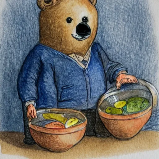 Image similar to a grumpy human man in a bear costume, holding a goldfish inside a bowl. watercolour with pencil, in the style of beatrix potter.