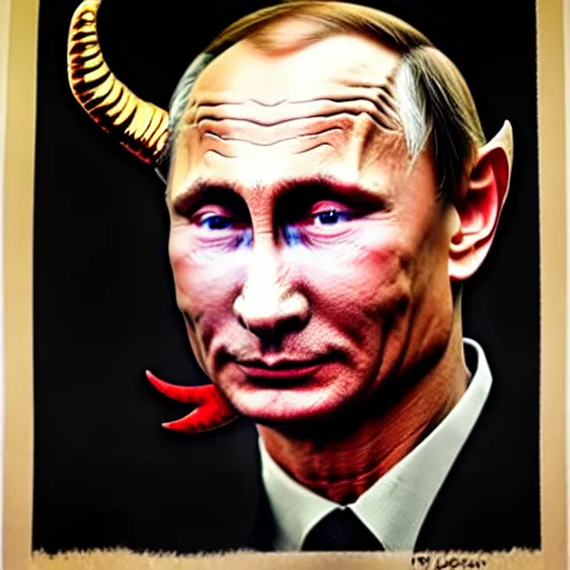 Image similar to portrait of vladimir putin in the form of a devil, with goat horns, red skin and a look of fear on his face