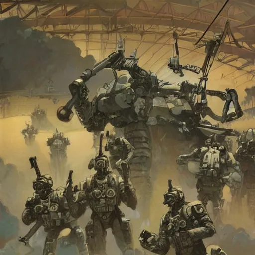 Prompt: USN mechs patrol Australian neutral zone with infantry accompaniment. 2087. Concept art by James Gurney and Alphonso Mucha