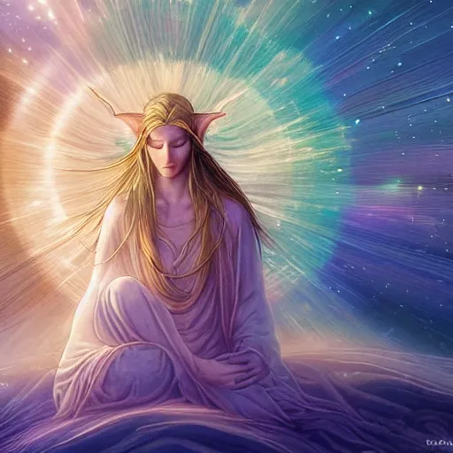 Prompt: elven spirit meditating in space, halo, light shafts, wisps, sandstorm, light diffusion, godly, ascending, by moebius, digital art, beautiful, sacred, holy, surreal, fantasy art, oasis, by durer, durer, fairies, surreal alien kingdom, ancient civilization, alien language, space civlization, dmt entity, machine elf, machine elves, 4d, advanced civilization, anunaki, sacred geometry, pretty face, starscape, shrouded figure, obscured face, smooth, visionary art, energy, by peter morhbacher, liquid, pearlescent, shimmering, shiny, god, lovecraft, lovecraftian, surrealist art, 8k, macro, hypercube, world of sleepers, peaceful, organic, biomechanical, fibonnaci, perfect order, fantasy, amazing, award winning