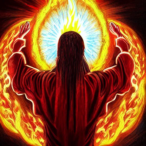 Prompt: prophet from behind with flames coming out of hands at the end of the world, very detailed, realistic, symmetrical face, art by digital painting