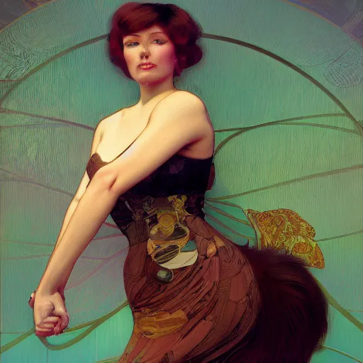 Image similar to modern woman | hyperrealistic | action pose | digital painting | trending on artstation | pinup portrait | clean | illustration | dressed | 3 / 4 | golden ratio | unreal engine 5 | 8 k resolution | by greg rutkowski alphonse mucha gustav klimt and mel ramos