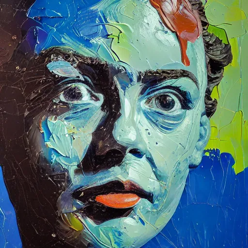 Image similar to oil paint impasto relief, portrait of woman's face, deep under water, lots blue colours, lit from above, looking up, air bubbles, multi layered thick brush marks, some splattered paint, in the style frank auerbach and magritte