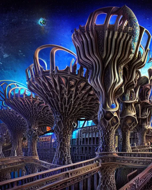 Image similar to a beautiful ultradetailed rendering of architecture arsenal industrial architecture by antoni gaudi, sci - fi galactic cosmic elysian landscape magic realism darkacademia junglepunk uv light, archdaily, wallpaper, highly detailed, trending on artstation.