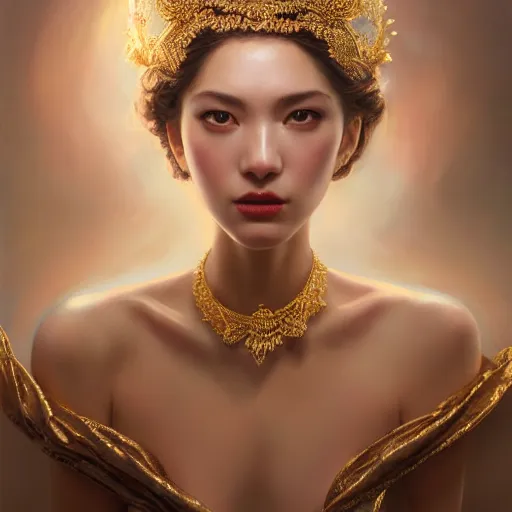 Prompt: expressive oil painting, of alluring european princess, seductive look, smooth glowing skin, glistening body, love, adoration, delicate, ornate headpiece made from beads, glamour shot, by yoshitaka amano, by greg rutkowski, by jeremyg lipkinng, by artgerm, digital art, octane render, white dress