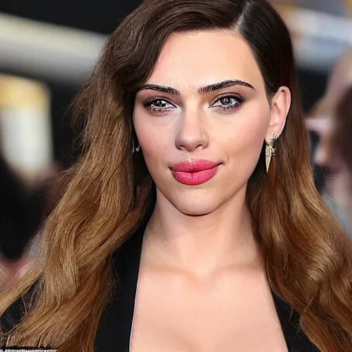 Image similar to a woman who is a genetic combination of kim kardashian and kat dennings and scarlett johansson and margot robbie and emma watson, face and upper - body focus