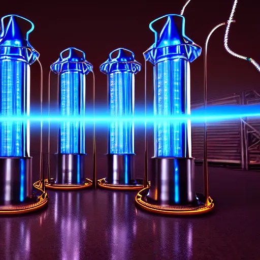 Image similar to photography of a hyper realistic tesla coils, highly detailed blue lighnings arround it. ancient steam punk laboratory background. high detail, professional digital art, unreal engine 5 8 k rendering, stunning, artstation