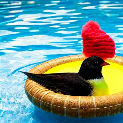 Image similar to a kiwi bird in a wooly hat sitting on a float in a pool, high quality