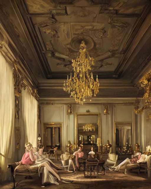 Image similar to realist rococo painting of a 1 9 2 0 s party in a beautiful mansion, vaulted ceiling, many partygoers, strong contrast, unreal engine, hyper realism, realistic shading, cinematic composition, realistic render, octane render, detailed textures, photorealistic, ultrawide shot, 3 5 mm film