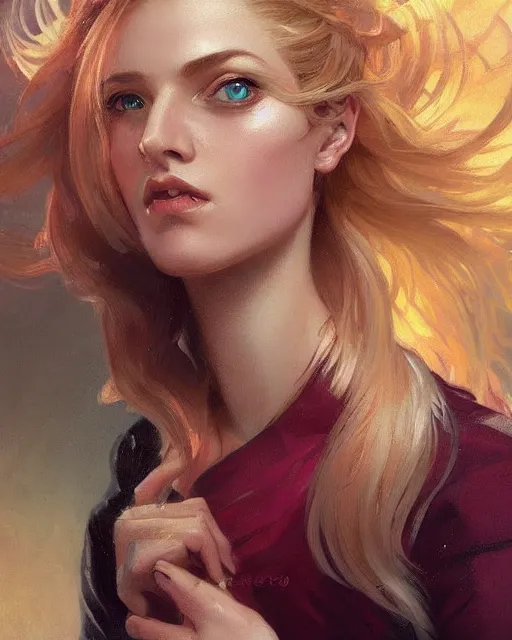 Image similar to '' Portrait of Beautiful blonde Slavic woman in her early 30’s, league of legends, LOL, fantasy, d&d, digital painting, artstation, concept art, sharp focus, illustration, art by greg rutkowski and alphonse mucha ''