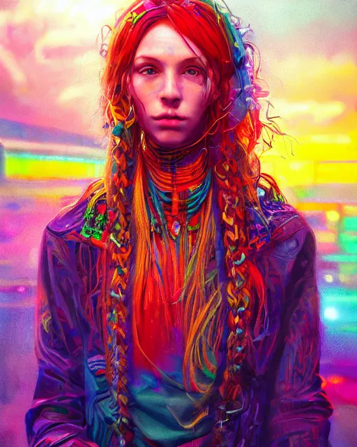 Image similar to colorful detailed portrait of a hippie, set in the future 2 1 5 0 | highly detailed | very intricate | symmetrical | professional model | cinematic lighting | award - winning | painted by mandy jurgens | pan futurism, dystopian, bold colors, cyberpunk, groovy vibe, anime aesthestic | featured on artstation