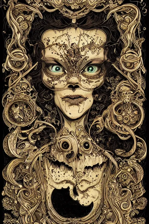 Image similar to portrait of thousands of cartoon faces that are made up of faces, black paper, baroque, rococo, tarot card with ornate border frame, marc Simonetti, paul pope, peter mohrbacher, detailed, intricate ink illustration