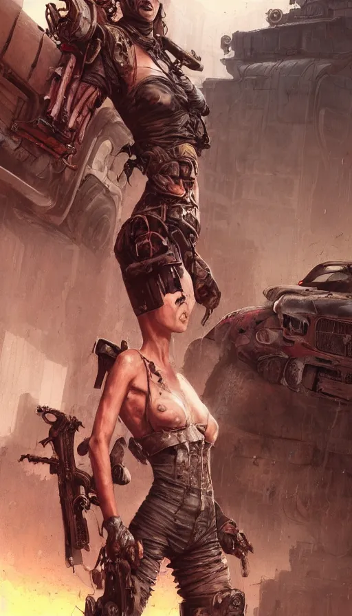 Image similar to road warrior, gemma chan beautiful girl, postapocalyptic, muscle cars, weapons, dystopian, grindhouse, george miller, made by stanley artgerm lau, wlop, rossdraws, james jean, andrei riabovitchev, marc simonetti, yoshitaka amano, beksinski artstation, cgsociety