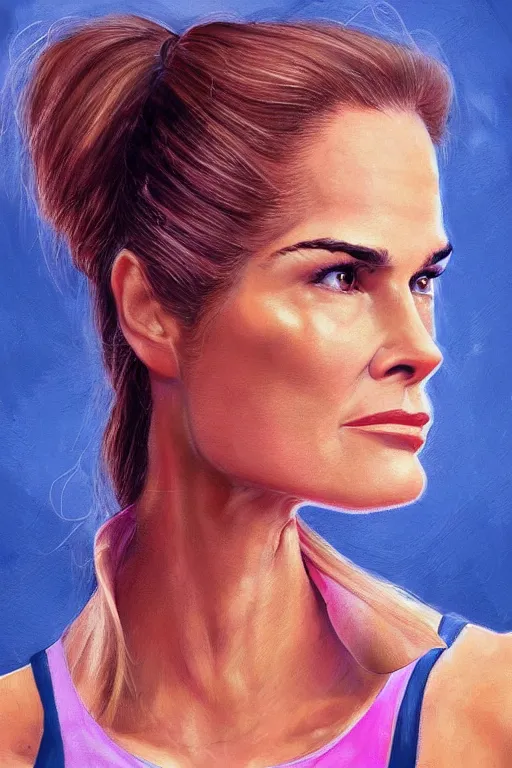 Image similar to portrait of a mix of beautiful young maria shriver, mariel hemmingway, brooke shields, nicole kidman and elle macpherson as an exercise gym girl, thin lips, hair tied up in a pony tail, colorful artstation, cgsociety