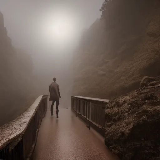 Prompt: a man walks across a bridge that traverses a deep mist-filled canyon. Volumetric lighting, dusk