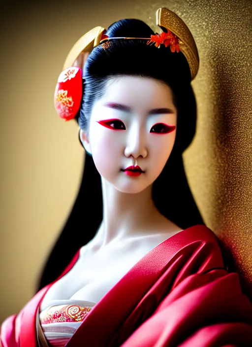 Prompt: sexy glamorous Geisha extreme closeup photo portrait, beautiful pale makeup, pearlescent skin, elegant pose, very detailed, highly detailed kimono, photorealism, sharp focus, photorealism, soft diffuse autumn lights, some sunlight ray, dark room wall, canon 5D 50 mm lens, zen temple background