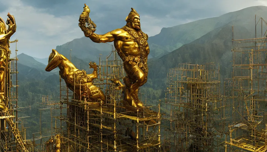 Image similar to dwarves building a giant golden statue with scaffolding in the heart of green mountains,, hyperdetailed, artstation, cgsociety, 8 k