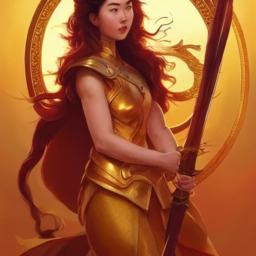 Prompt: Jessica Henwick clothed in pure golden light energy and holding a flaming sword, D&D, highly detailed, digital painting, artstation, concept art, sharp focus, illustration, art by artgerm and greg rutkowski and alphonse mucha