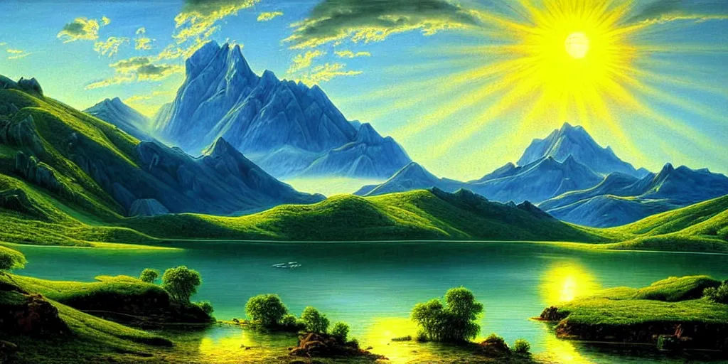 Image similar to a beautiful landscape, sun rises between two mountains, a lake in between the mountains, green, lush vegetation, blue sky, cloudy, painting by john stephans, extremely detailed, hyper realism
