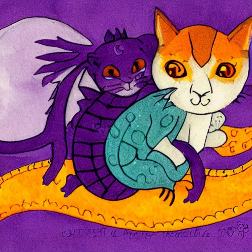 Image similar to small cute purple dragon, the dragon is hugging an orange tabby cat, soft, cozy