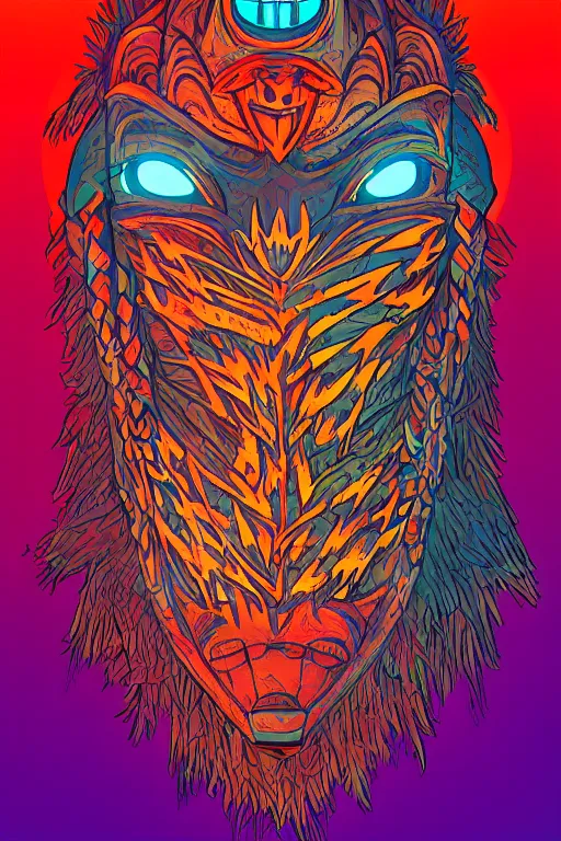 Image similar to totem animal tribal chaman vodoo mask feather gemstone plant wood rock video game illustration vivid color borderlands by josan gonzales and dan mumford radiating a glowing aura