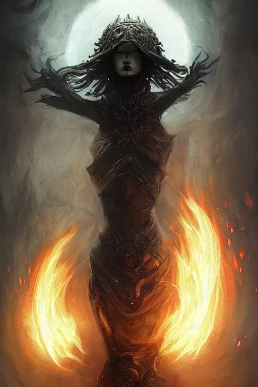 Image similar to Black Orb of Fire, digital art, fantasy, magic, trending on artstation, illustration by Seb McKinnon and Peter Mohrbacher, ultra detailed, atmospheric, powerful presence, bossfight, darksouls, grand finale, explosive entrance, final battle, cutscene, cinematic lighting, beautiful goddess, unleashing the power of the flame, burning pulse