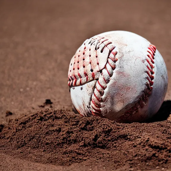 Prompt: a 4 k photorealistic photo close up of a baseball laying in the dirt