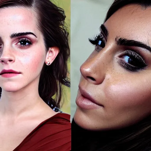 Image similar to a woman who is a combination of emma watson and kim kardashian, close up