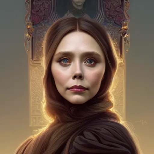 Image similar to portrait of elizabeth olsen wandavision, detailed face, decorated, intricate, elegant, highly detailed, digital painting, artstation, concept art, smooth, sharp focus, illustration, art by artgerm and greg rutkowski and alphonse mucha, 8 k