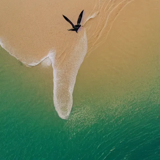 Image similar to simmetrical photo of a seagull flying seen exactly from above. Watching down. Seagull seen from above. 4k still award winning. Pleasant look and colors. Sea on the background.