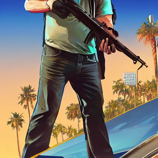 Image similar to Jeremy Clarkson in GTA V, cover art by Stephen Bliss, artstation, no text