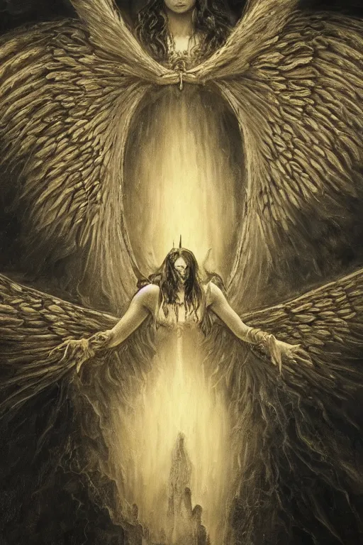 Prompt: portrait of an ominous looming moth angel at a dark shrine, oil on canvas, experimental gothic style, perfect detailed symmetrical face, mood lighting, dramatic, ornate, elegant, detailed, prominent intricate wings, concept art, trending on artstation, javascript enabled