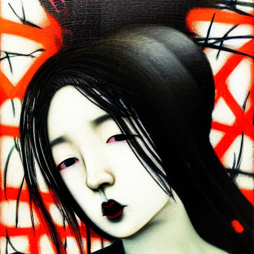 Image similar to yoshitaka amano blurred and dreamy realistic three quarter angle portrait of a young woman with black lipstick and black eyes wearing office suit with tie, david lynch abstract patterns in the background, satoshi kon anime, noisy film grain effect, highly detailed, renaissance oil painting, weird portrait angle, blurred lost edges