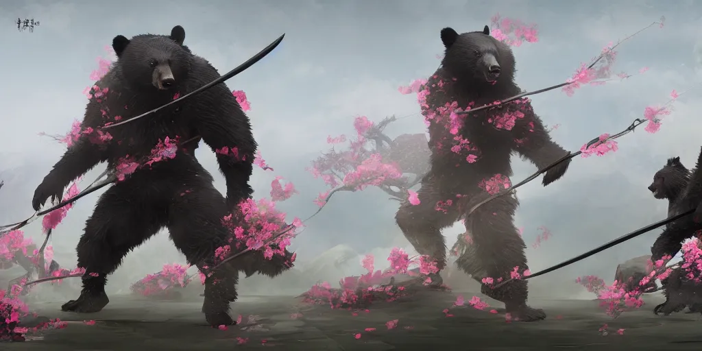 Prompt: an environmental concept art of anthropomorphic asian black bear samurai, samurai duel, sakura petals blowing in the wind, highly detailed, environmental light, cinematic by francis tneh