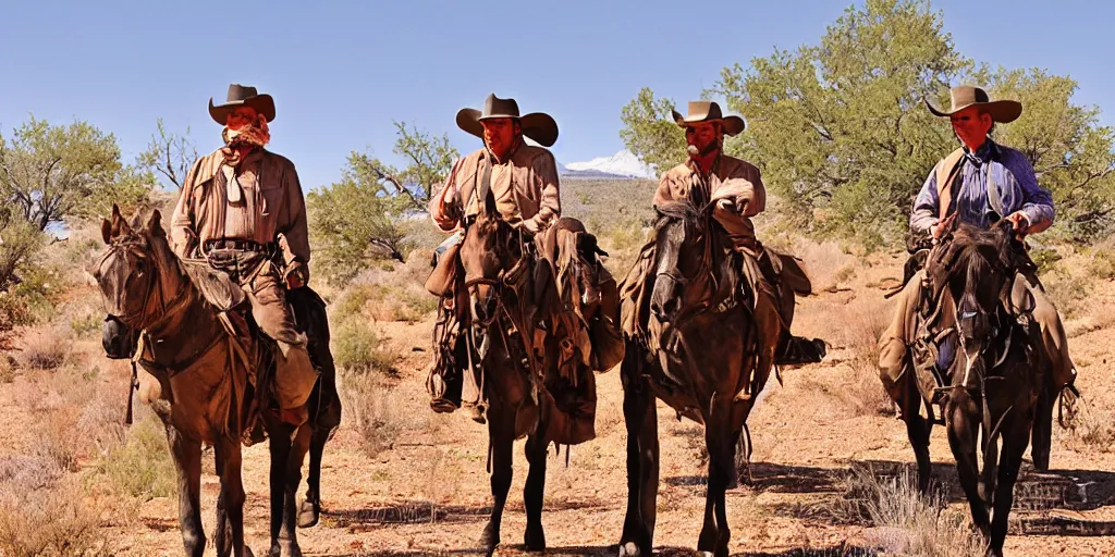 Image similar to two rugged cowboys on the old west desert trail, Santa Fe, in the style of Fredrick Remington