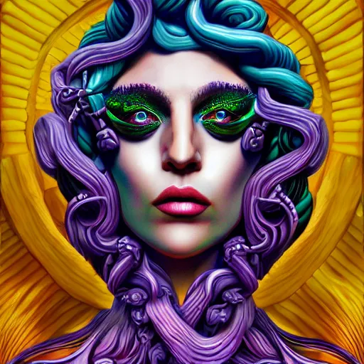 Image similar to an extremely psychedelic portrait of medusa as lady gaga, surreal, lsd, face, detailed, intricate, elegant, lithe, highly detailed, digital painting, artstation, concept art, smooth, sharp focus, illustration,