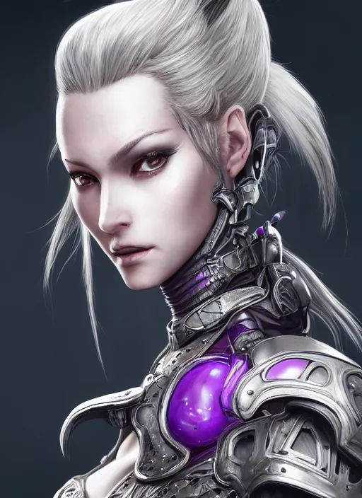 Image similar to close up portrait of a pale woman in bionic armor with purple ponytail hair, elegant, stoic, intense, sylvanas, ultrafine hyperdetailed illustration by kim jung gi, irakli nadar, intricate linework, sharp focus, octopath traveler, yoji shinkawa, highly rendered, global illumination, radiant light, detailed, intricate environment